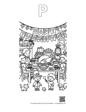 Thumbnail: Cheerful Thanksgiving Dinner Celebration with Turkey Main Dish Printable Outline Alphabet P