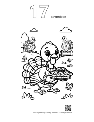 Thumbnail: Cheerful Turkey Character Holding a Hot Thanksgiving Pie Printable Outline Number 17