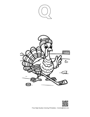 Thumbnail: Determined Turkey Hockey Player with Stick and Puck Printable Outline Alphabet Q