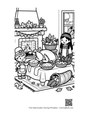 Thumbnail: Little Girl Helping Serve Thanksgiving Turkey by the Fireplace Printable