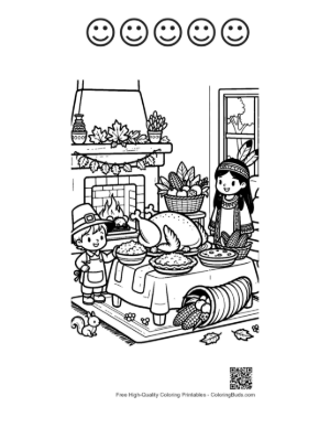 Thumbnail: Little Girl Helping Serve Thanksgiving Turkey by the Fireplace Printable and 5 Happy Face Outline