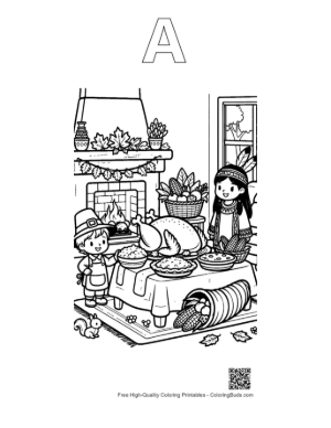 Thumbnail: Little Girl Helping Serve Thanksgiving Turkey by the Fireplace Printable Outline Alphabet A