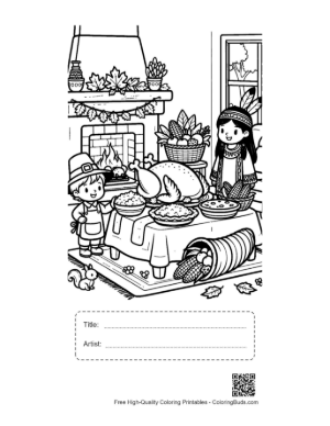 Thumbnail: Little Girl Helping Serve Thanksgiving Turkey by the Fireplace Printable with Title and Artist Box