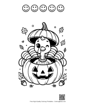 Thumbnail: Playful Turkey Wearing a Pumpkin Top as a Hat Printable and 5 Happy Face Outline