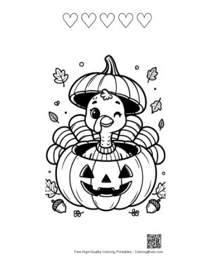 Thumbnail: Playful Turkey Wearing a Pumpkin Top as a Hat Printable and 5 Heart Outline
