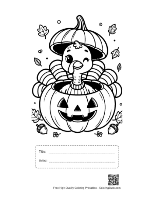 Thumbnail: Playful Turkey Wearing a Pumpkin Top as a Hat Printable with Title and Artist Box