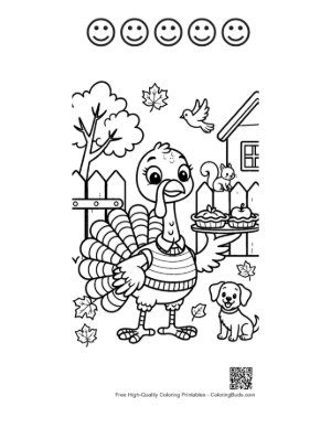 Thumbnail: Turkey Wearing a Scarf Walking in the Fall Park Printable and 5 Happy Face Outline