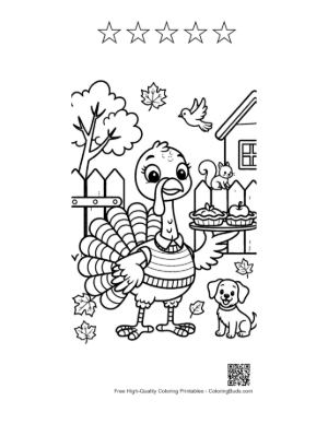 Thumbnail: Turkey Wearing a Scarf Walking in the Fall Park Printable and 5 Star Outline