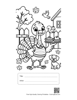 Thumbnail: Turkey Wearing a Scarf Walking in the Fall Park Printable with Title and Artist Box