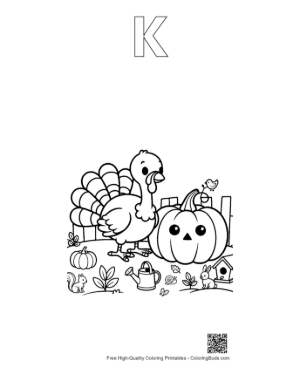 Thumbnail: Two Friendly Turkeys Playing with Halloween Pumpkins Printable Outline Alphabet K