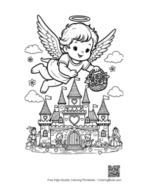 Thumbnail: Cherub Flying Near a Majestic Castle with Hearts Romantic Coloring Page Printable