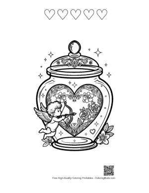 Thumbnail: Cupid Sitting in a Heart Bottle with Magical Sparkles Cute Coloring Sheet Printable and 5 Heart Outline