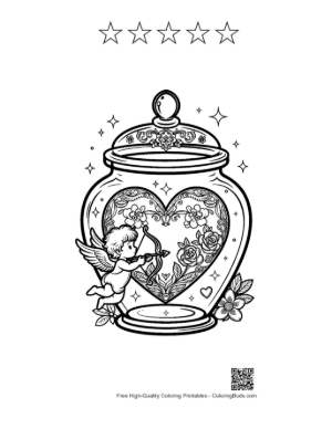 Thumbnail: Cupid Sitting in a Heart Bottle with Magical Sparkles Cute Coloring Sheet Printable and 5 Star Outline
