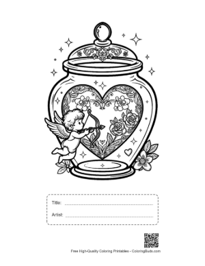 Thumbnail: Cupid Sitting in a Heart Bottle with Magical Sparkles Cute Coloring Sheet Printable with Title and Artist Box