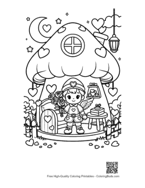 Thumbnail: Cute Boy Cupid Standing by a Decorated Heart House Valentine's Coloring Printable