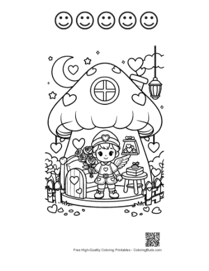 Thumbnail: Cute Boy Cupid Standing by a Decorated Heart House Valentine's Coloring Printable and 5 Happy Face Outline