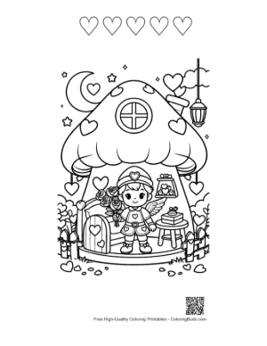 Thumbnail: Cute Boy Cupid Standing by a Decorated Heart House Valentine's Coloring Printable and 5 Heart Outline