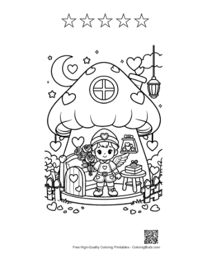 Thumbnail: Cute Boy Cupid Standing by a Decorated Heart House Valentine's Coloring Printable and 5 Star Outline