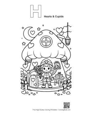 Thumbnail: Cute Boy Cupid Standing by a Decorated Heart House Valentine's Coloring Printable Outline Alphabet H Hearts &amp; Cupids