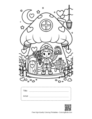 Thumbnail: Cute Boy Cupid Standing by a Decorated Heart House Valentine's Coloring Printable with Title and Artist Box