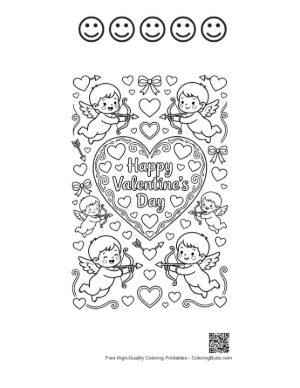 Thumbnail: Hearts Cupids Coloring Sheet Printable and 5 Happy Face Outline