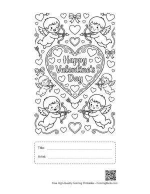 Thumbnail: Hearts Cupids Coloring Sheet Printable with Title and Artist Box