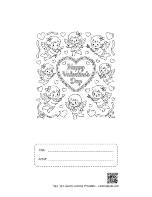 Thumbnail: Simple Happy Valentine's Day Heart Design for Kids Easy Coloring Page Printable with Title and Artist Box