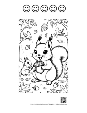 Thumbnail: Cute Forest Squirrel Eating an Acorn Coloring Page for Toddlers Printable and 5 Happy Face Outline