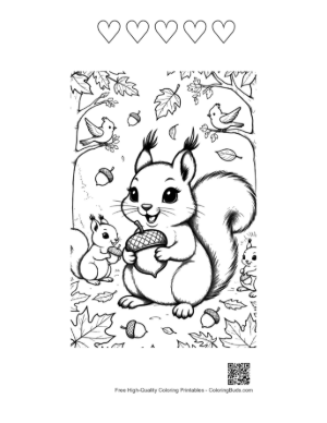 Thumbnail: Cute Forest Squirrel Eating an Acorn Coloring Page for Toddlers Printable and 5 Heart Outline