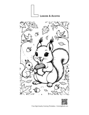 Thumbnail: Cute Forest Squirrel Eating an Acorn Coloring Page for Toddlers Printable Outline Alphabet L Leaves & Acorns