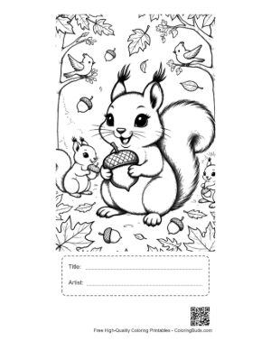 Thumbnail: Cute Forest Squirrel Eating an Acorn Coloring Page for Toddlers Printable with Title and Artist Box