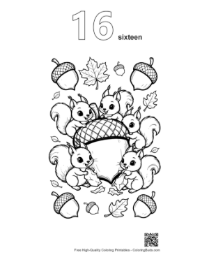 Thumbnail: Cute Leaves and Acorns Printable Outline Number 16
