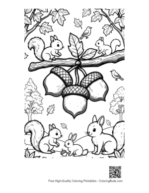 Thumbnail: Cute Squirrels Gathering Acorns on a Tree Branch Coloring Sheet Printable