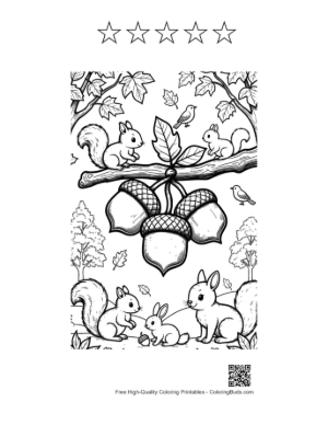 Thumbnail: Cute Squirrels Gathering Acorns on a Tree Branch Coloring Sheet Printable and 5 Star Outline