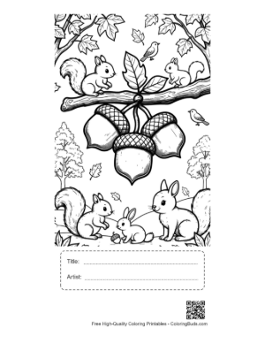 Thumbnail: Cute Squirrels Gathering Acorns on a Tree Branch Coloring Sheet Printable with Title and Artist Box