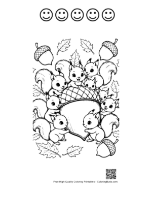 Thumbnail: Group of Small Squirrels Climbing a Big Acorn Coloring Sheet Printable and 5 Happy Face Outline
