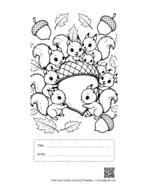 Thumbnail: Group of Small Squirrels Climbing a Big Acorn Coloring Sheet Printable with Title and Artist Box