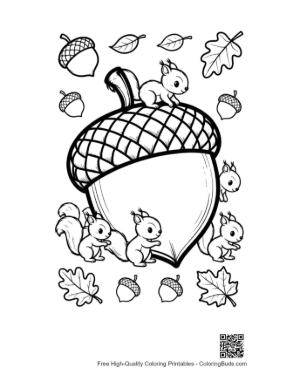 Thumbnail: Large Decorative Acorn with Tiny Squirrels Coloring Page Printable