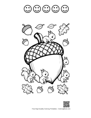 Thumbnail: Large Decorative Acorn with Tiny Squirrels Coloring Page Printable and 5 Happy Face Outline