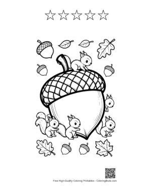 Thumbnail: Large Decorative Acorn with Tiny Squirrels Coloring Page Printable and 5 Star Outline