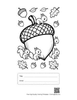Thumbnail: Large Decorative Acorn with Tiny Squirrels Coloring Page Printable with Title and Artist Box