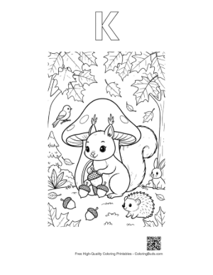 Thumbnail: Little Squirrel Sitting Under a Large Mushroom Coloring Page Printable Outline Alphabet K