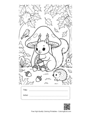 Thumbnail: Little Squirrel Sitting Under a Large Mushroom Coloring Page Printable with Title and Artist Box