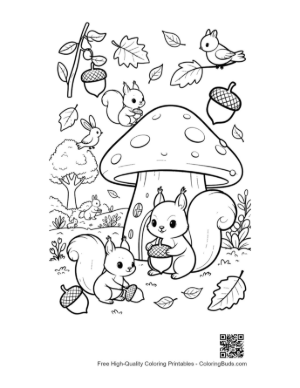 Thumbnail: Magical Forest Scene with a Squirrel and Mushroom Coloring Sheet Printable