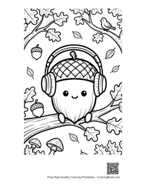 Thumbnail: Smiling Acorn with Headphones in a Forest Setting Coloring Page Printable
