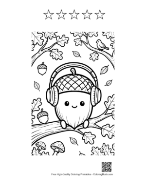 Thumbnail: Smiling Acorn with Headphones in a Forest Setting Coloring Page Printable and 5 Star Outline