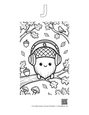 Thumbnail: Smiling Acorn with Headphones in a Forest Setting Coloring Page Printable Outline Alphabet J