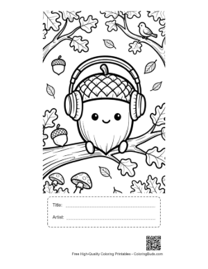 Thumbnail: Smiling Acorn with Headphones in a Forest Setting Coloring Page Printable with Title and Artist Box