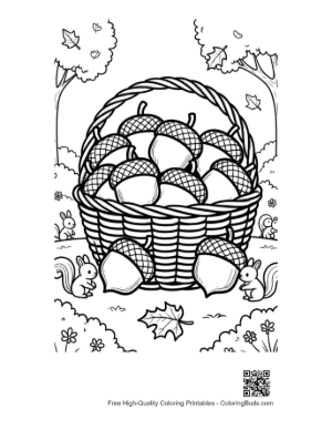 Thumbnail: Wicker Basket Filled with Autumn Acorns Coloring Page Printable