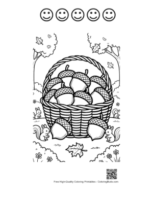 Thumbnail: Wicker Basket Filled with Autumn Acorns Coloring Page Printable and 5 Happy Face Outline